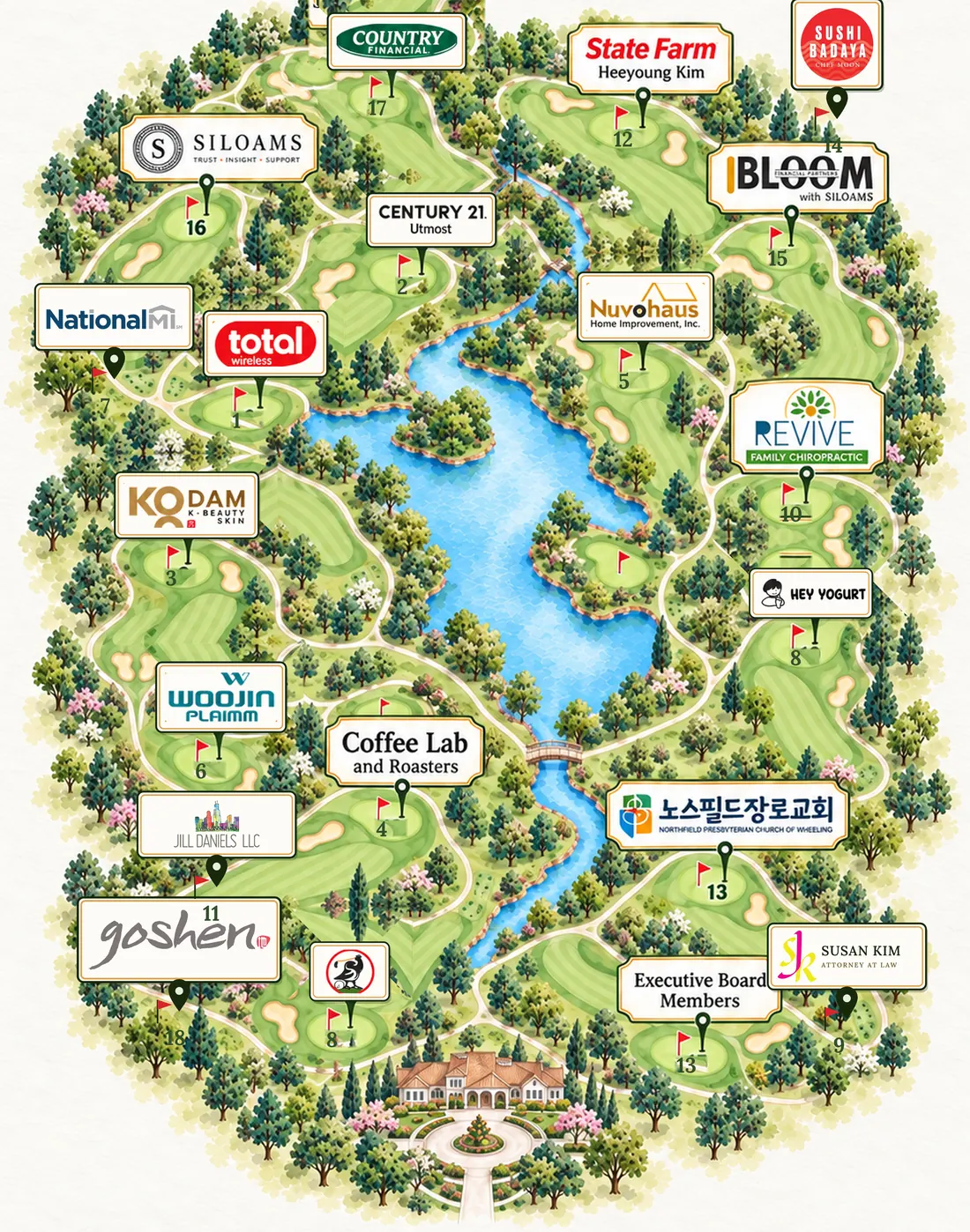 Illustrated map of the White Deer Run course with a sponsor sign at each hole: 1 Total Wireless, 2 Century 21 Utmost, 3 KODAM, 4 Coffee Lab and Roasters, 5 Nuvohaus, 6 Woojin Plaimm, 7 National MI, 8 Birdie Project and Hey Yogurt, 9 Susan Kim Attorney at Law, 10 Revive Family Chiropractic, 11 Jill Daniels LLC, 12 State Farm Heeyoung Kim, 13 Executive Board Members and Northfield Presbyterian Church, 14 Sushi Badaya, 15 Bloom Financial Partners, 16 Siloams, 17 COUNTRY Financial, 18 Goshen. Larger signs mark the higher giving levels.